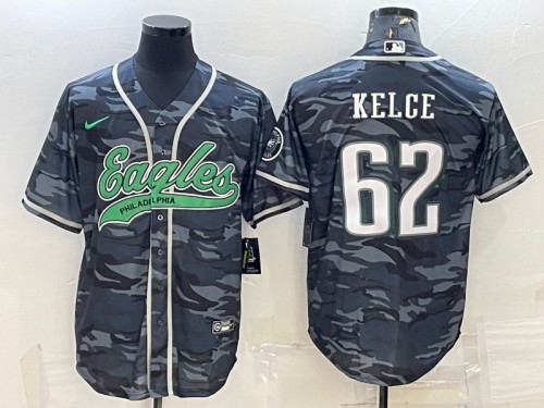 Men's Philadelphia Eagles #62 Jason Kelce Gray Camo With Patch Cool Base Stitched Baseball Jersey - Click Image to Close